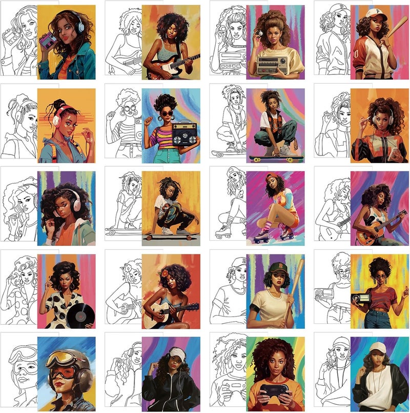 Sherr 20 Pcs Stretched Pre Drawn Canvas Afro Queen Black Art for Painting for Adults Outline Pre Drawn Stretched Cotton Canvas to Paint Party Set, 8 x 10''(Vintage) - Image 1